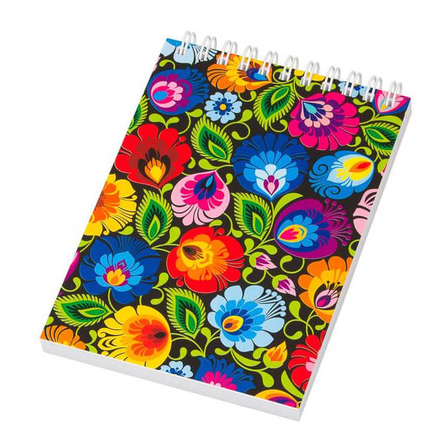 caqrnet à spirale motif fleurs de Lowicz fond noir