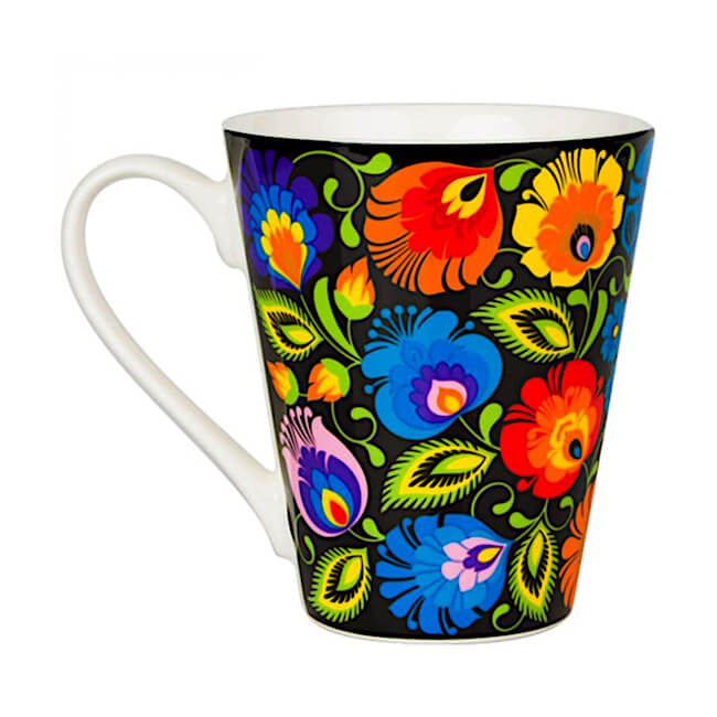 tasse folk zosia fleuirs de Lowicz fond noir