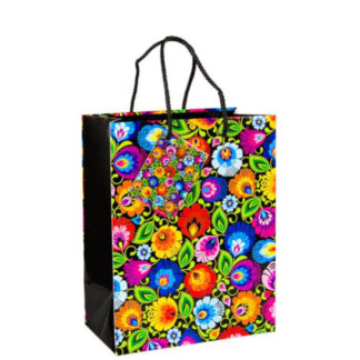 Sac M motif fleurs de Lowicz fond noir