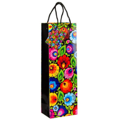 sac à bouteille motif fleurs de Lowicz fond noir