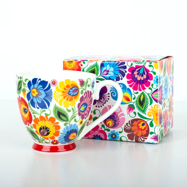 Tasse folk Grazynka avec boîte motif Lowycz blanc