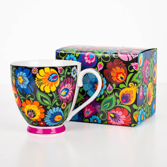 Tasse folk Grazynka avec boîte motif Lowycz noir
