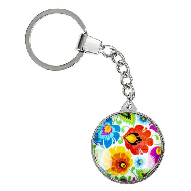 Porte-clé en verre Folk motif Lowycz fleurs fond blanc