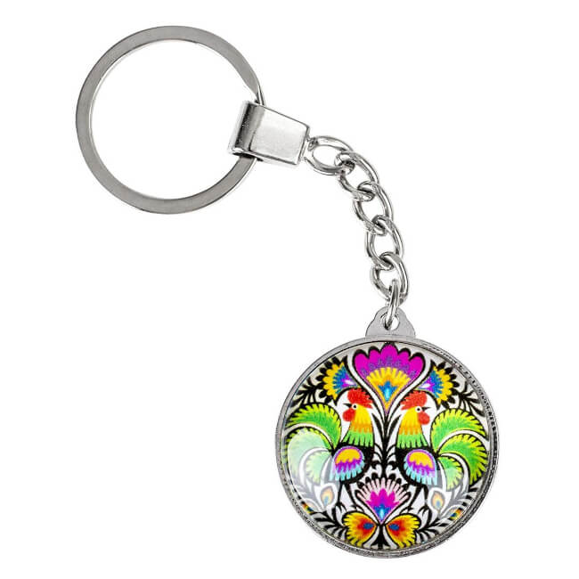 Porte-clé en verre Folk motif Lowycz coq