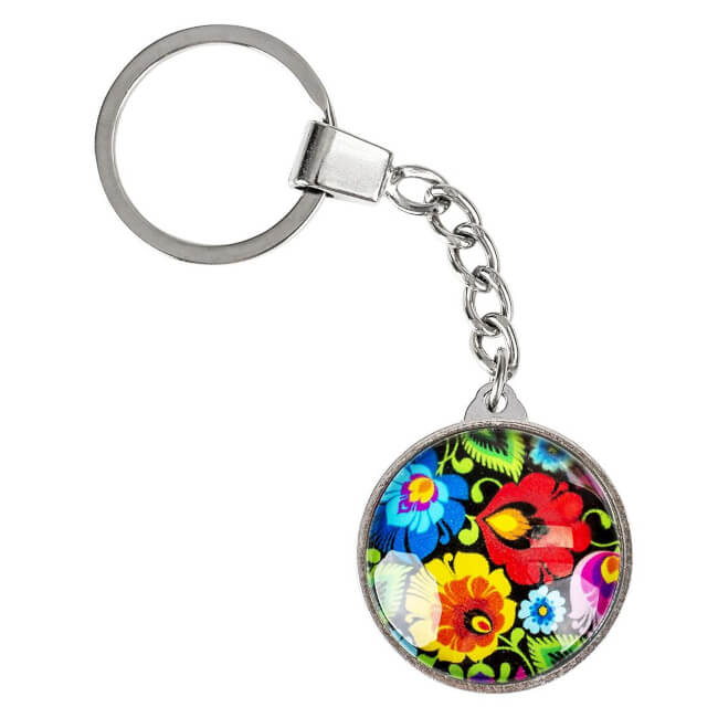 Porte-clé en verre Folk motif Lowycz fleurs fond noir