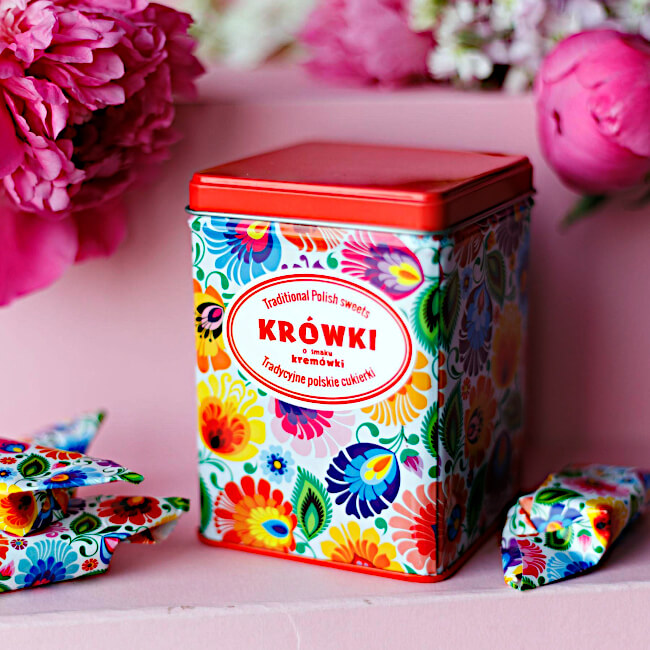 Caramels saveur crème avec boîte Folk Łowycz blanc • Krówki w puszce - smak kremówka - łowickie białe – Image 2