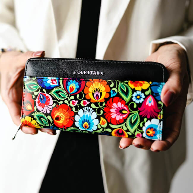 Grand portefeuille avec poche folk polonais Łowicz noir