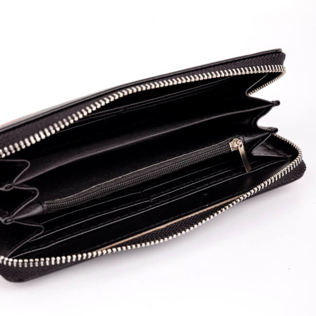 Grand portefeuille avec poche folk polonais Łowicz noir : vue intérieure