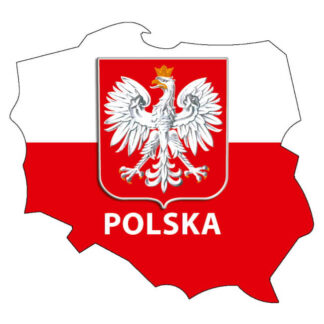 Magnet Polska avec aigle sur contour de la carte de la Pologne, fond blanc et rouge