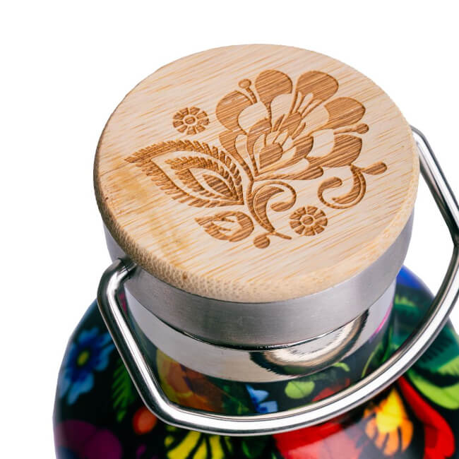 Bouchon bouteille isotherme 1 l motif folk polonais Lowycz fond noir