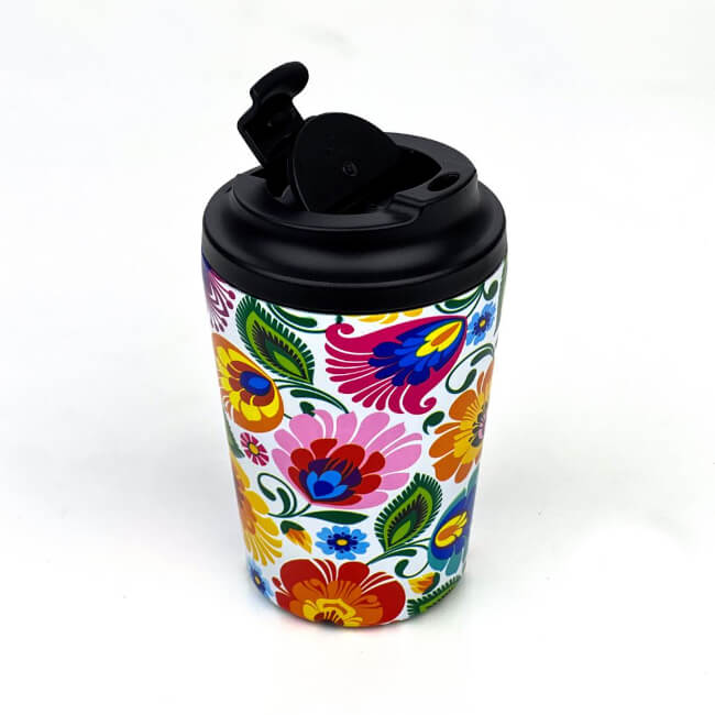 Tasse isotherme folk polonais Lowycz blanc : vue bouichon