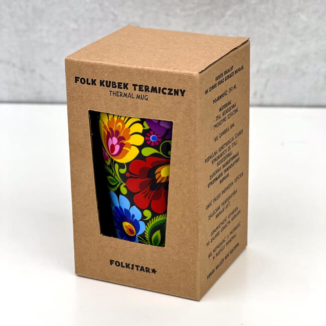 Tasse isotherme folk polonais Lowycz noir : vue boîte